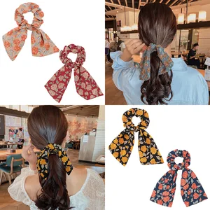 Fashion Floral Print Elastic Scrunchies Cute Flowers Pattern Large Intestine Hair Rope Women Streamers Hairbands Birthday Gifts