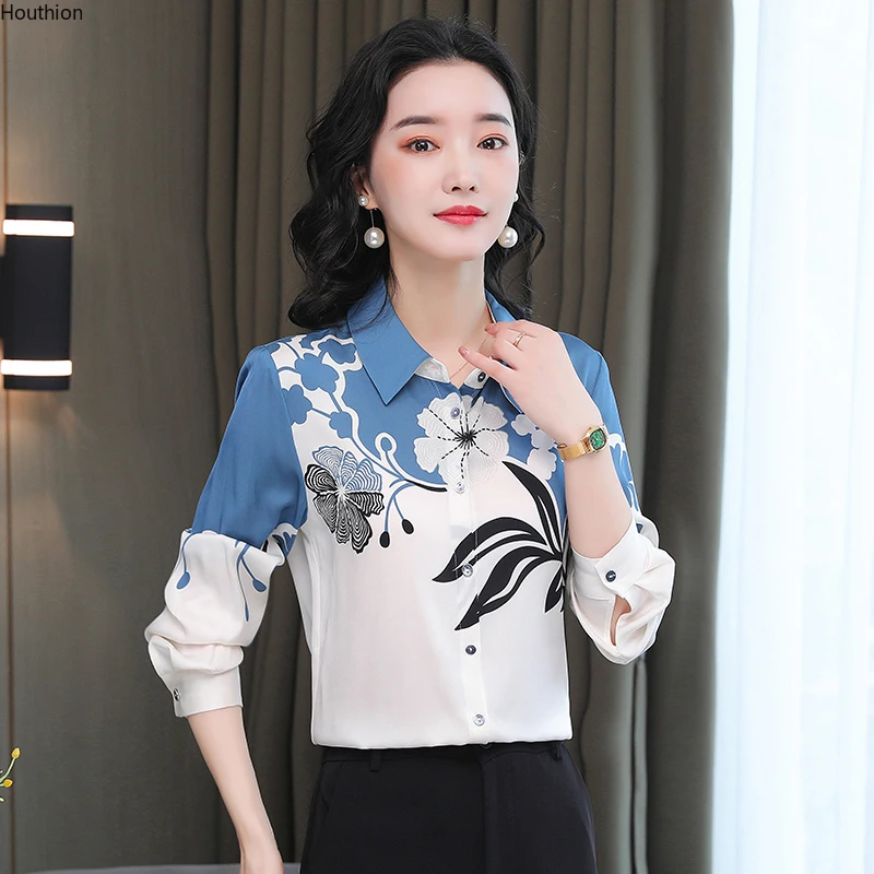 

Silk Women's Blouse Polo Girl's Shirt Summer Fashion Plus Size Print Loose Casual Retro Long Sleeve Top Lady Blusas Houthion