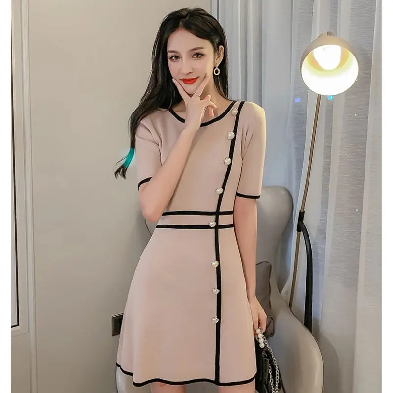 

Women Short Sleeves Knitting Dress All-match Solid Color Round Collar Fashion Slim Retro Dresses Multi-color #