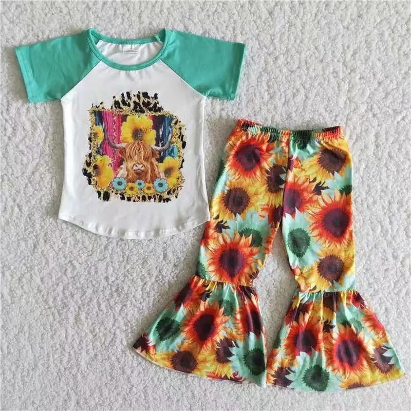 Ready To Ship Children Clothes Green Cow Head and Sunflower Suit Baby Girls' Clothing Sets