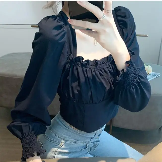 

Lauri Laki Vintage Square Collar Chiffon Blouse Women Short Long Sleeve Shirts Mujer Autumn 2020 Tops Office Wear Backless Shirt