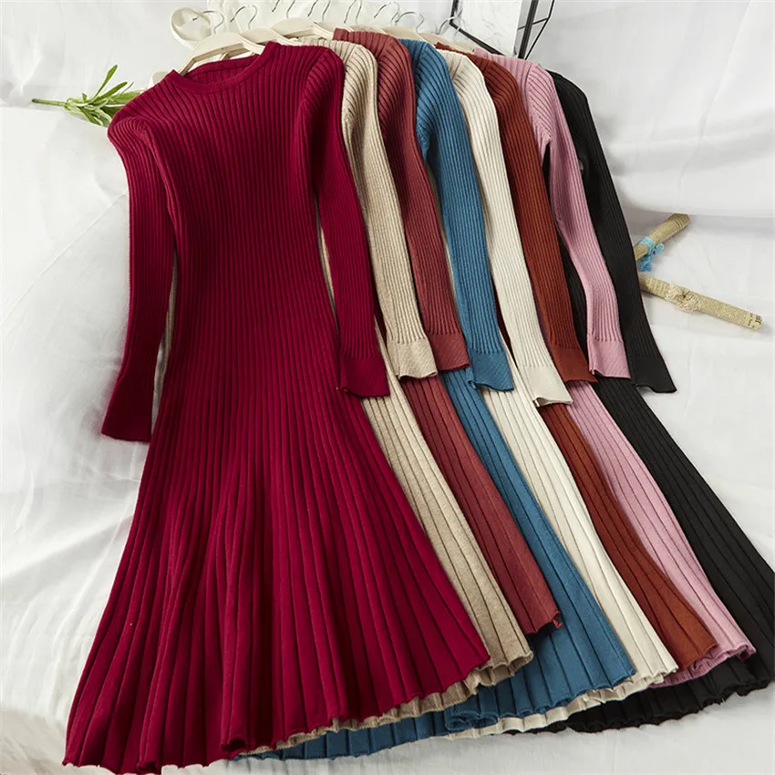 

2021 Women Basic Autumn Winter Sweater Dress Solid Brief A Line Long Dress Female Long Sleeve Knitted Dress Vestidos