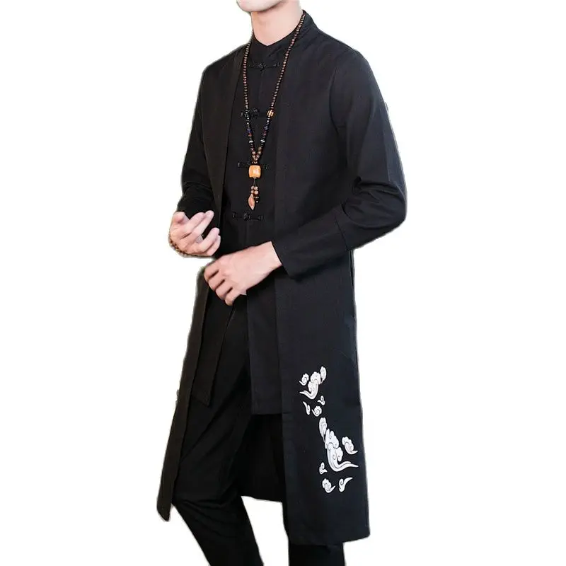 Мужская длинная куртка в китайском стиле черная Повседневная осенняя тренчкот