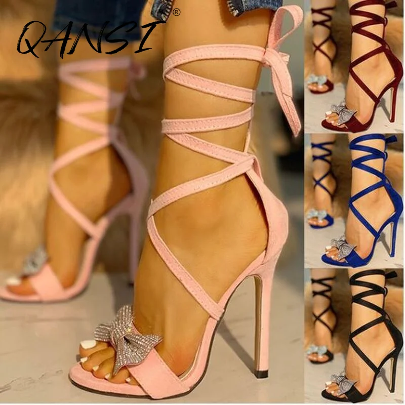 

Sexy Cross Tied Bowknot Stiletto Women Sandals Fashion Peep Toe High Heel Women Shoes Party Rhinestone Lace Sandals Women 2021