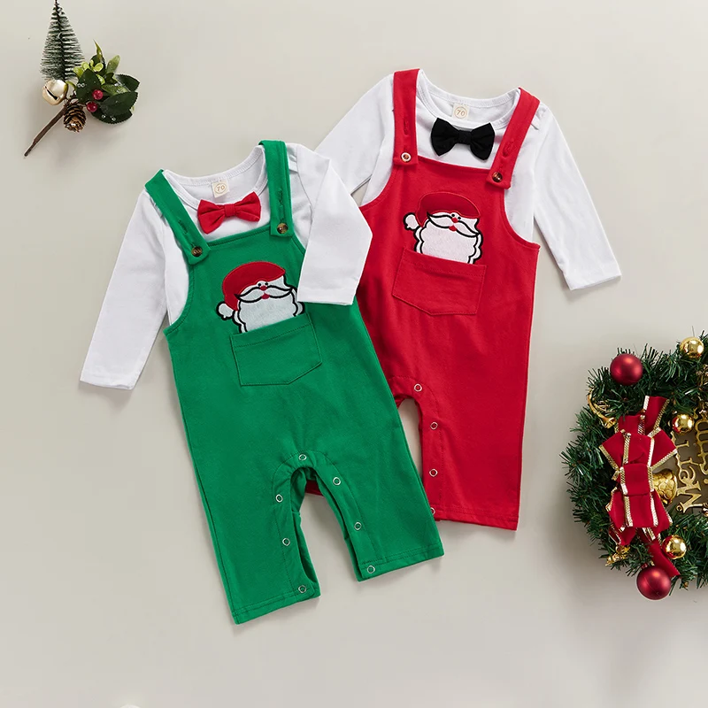

Baby Boys Long-Sleeved Romper + Suspender Trousers Clothes Set Infant Christmas Bow Tie Decoration Festive Clothing