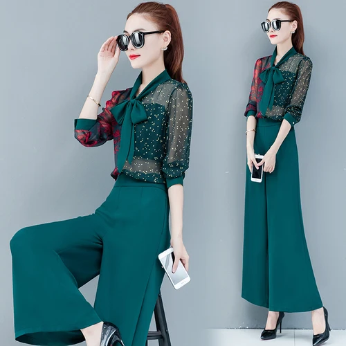 

Fashion 2019 Mesh Patchwork Print Women's Sets Fashion Loose Casual 2 Pcs Set Bow High Waist Zip Vintage Two Piece Set