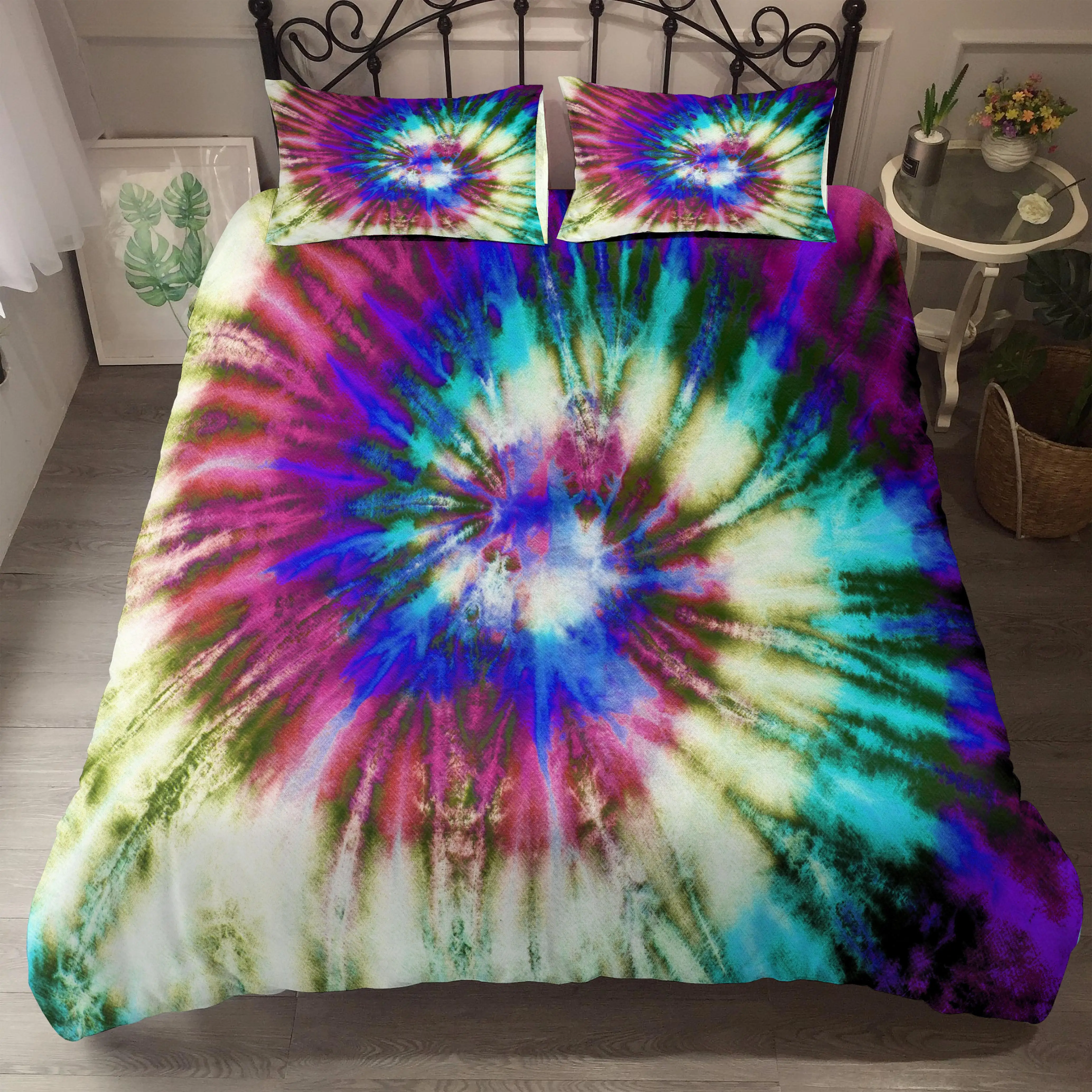 

ZEIMON Colorful Bedding Tie Dyed Duvet Cover Set Luxury Blue Yellow Spiral Psychedelic Pattern Boho Hippie Bedding Sets