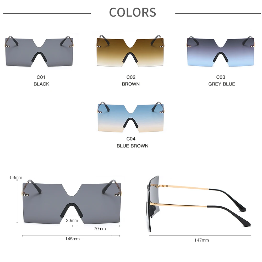

Oversized Square Sunglasses Women Men Luxury Brand Vintage Alloy Frame Sun Glasses Clear Lens One Piece Rimless Eyewear Shade