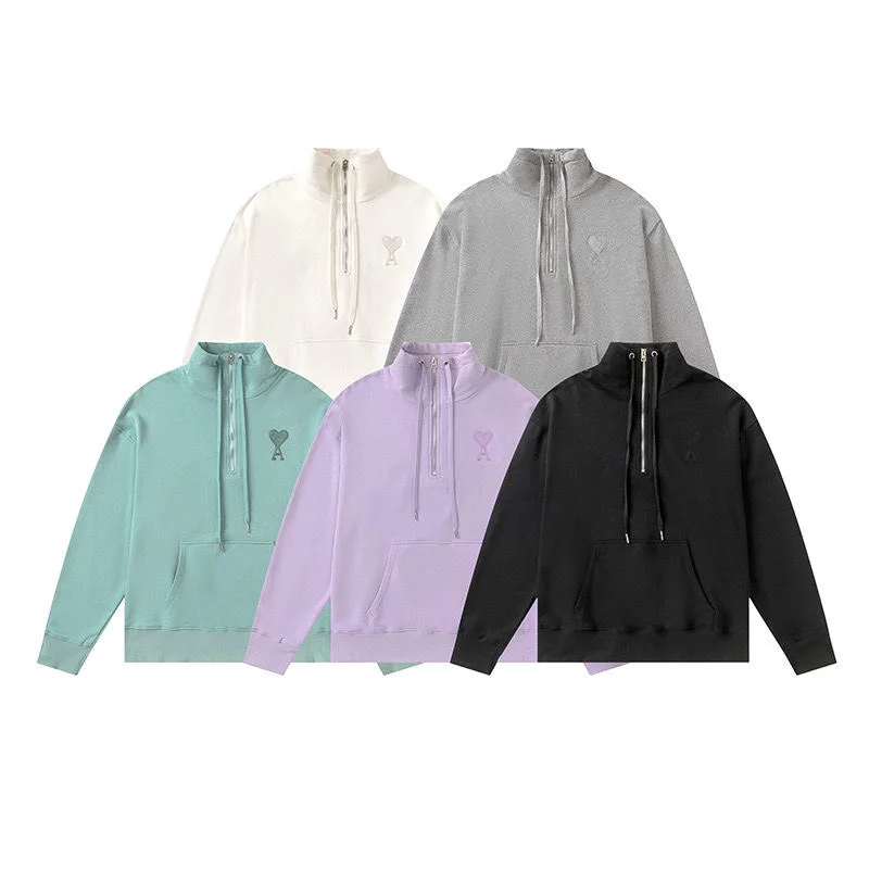 

2021 Ami Love Embroidered Hoodie Men's And Women's Alike Stand Collar Half Zipper Pullover Loose Casual Long Sleeve Fashion