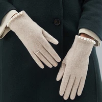 women high end pearl rabbit velvet wool thicken driving gloves winter female warm cashmere embroidery touch screen gloves h69