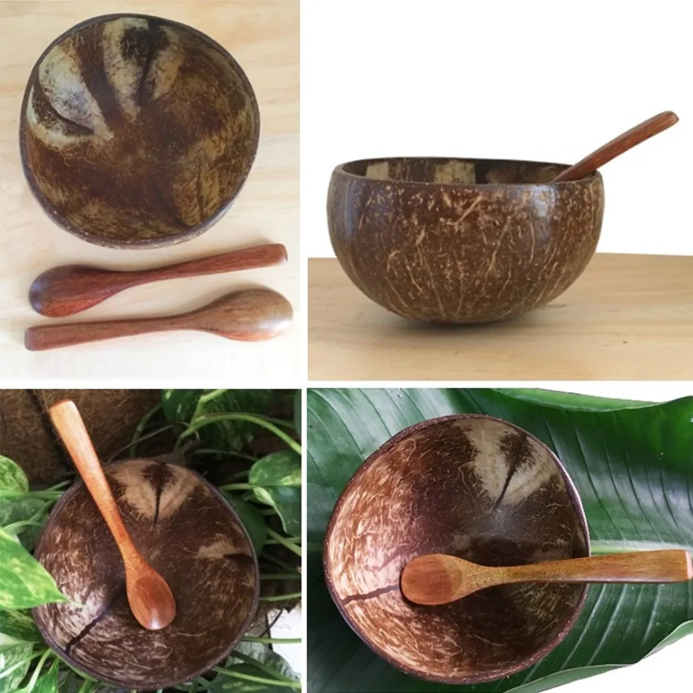 

12-15cm Natural Coconut Bowl Protection Wooden Bowl Coconut Wood Tableware Spoon Set Coco smoothie Coconut Kitchen Accessories