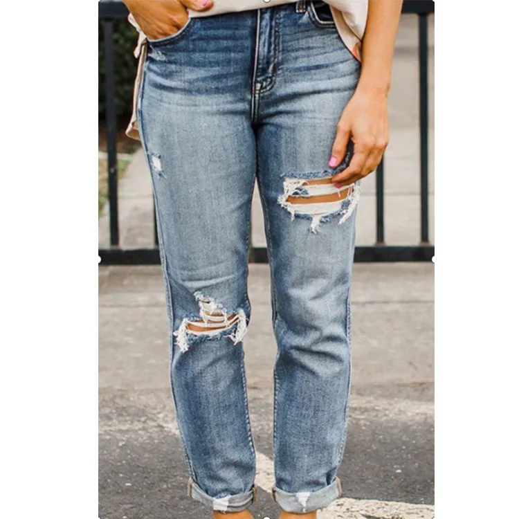 

ZQLZ Mid Waist Ripped Jeans Women 2021 New Fashion Straight Mom Trousers Vintage Streetwear Knee Hole Denim Pants Casual Jeans
