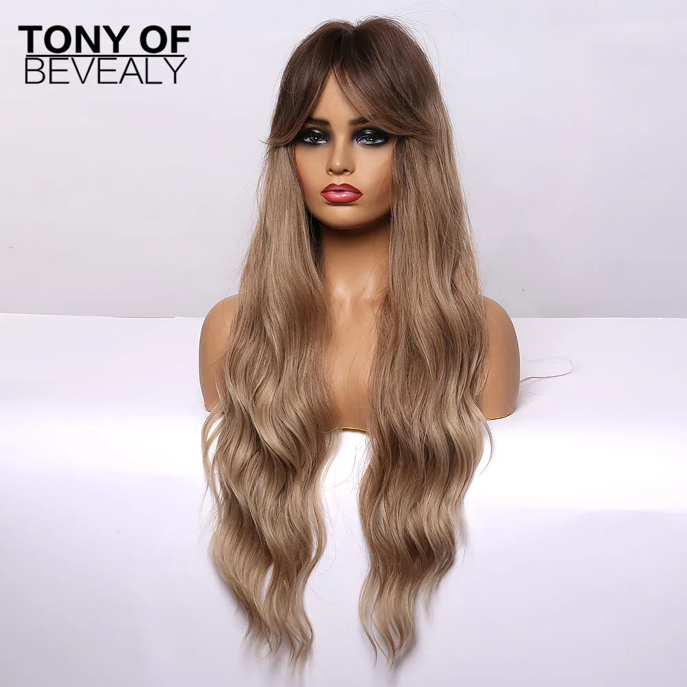 Длинные волнистые коричневые парики с эффектом омбре и челкой термостойкие