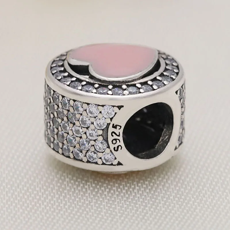 

Original 925 Sterling Silver Pink Wonderful Love Heart-shaped Hollow Beads Fit Pandora Women Bracelet & Necklace Diy Jewelry