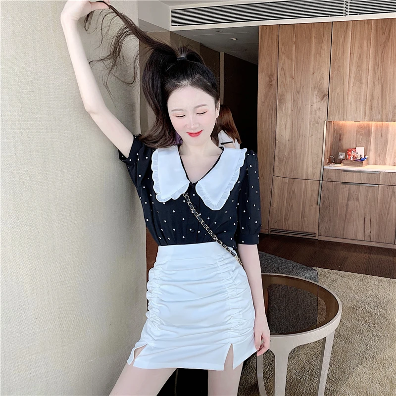 

Polka Dot Blouse Women Korean Hit Color Peter Pan Collar Tops Causal Puff Short Sleeve 2021 Sprign Summer Shirt
