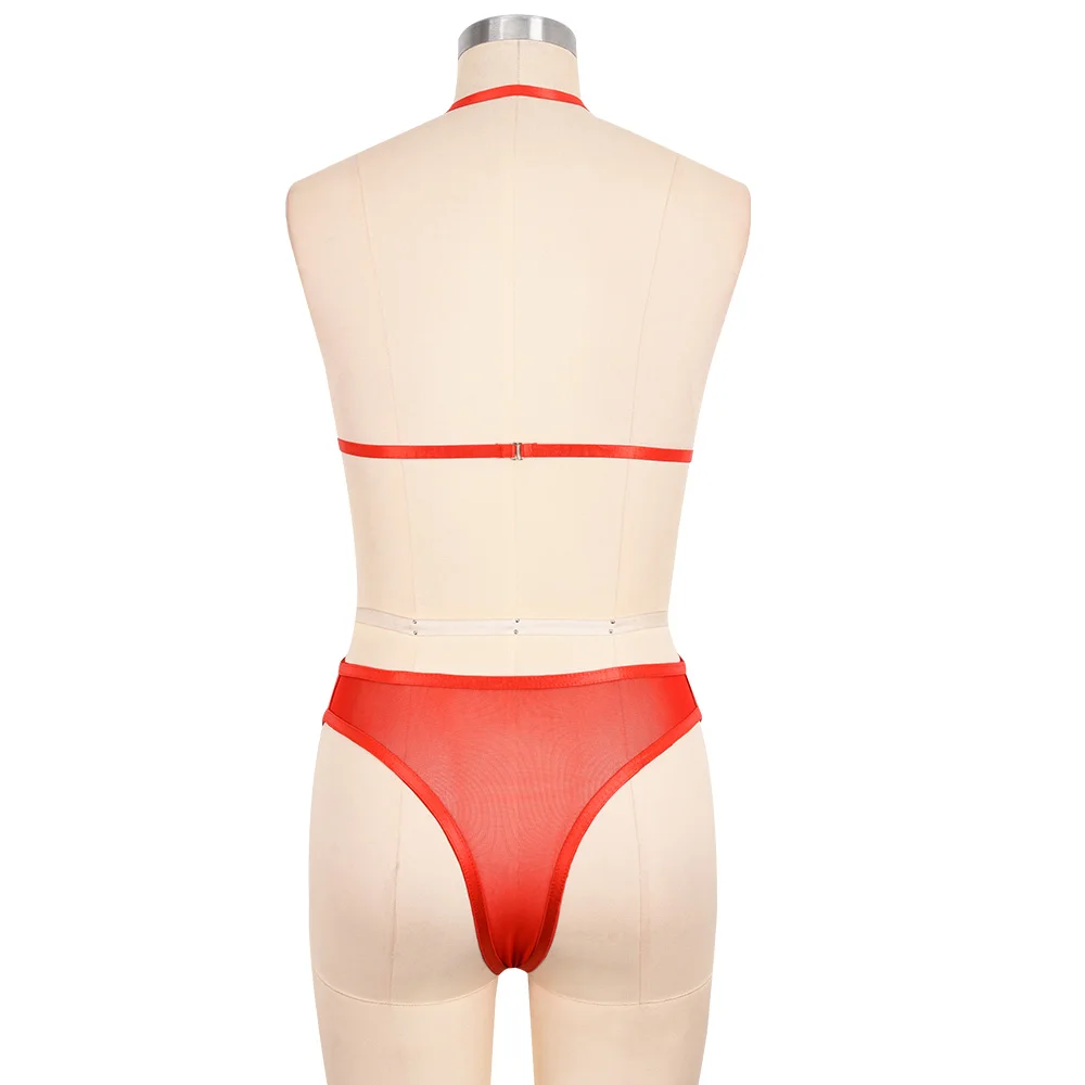 

Women Sexy Lingerie Set Hollow Out Lace Open Bra Red Cut Out High Waist G-String Underwear Set Nightwear Bra Panties Set D30