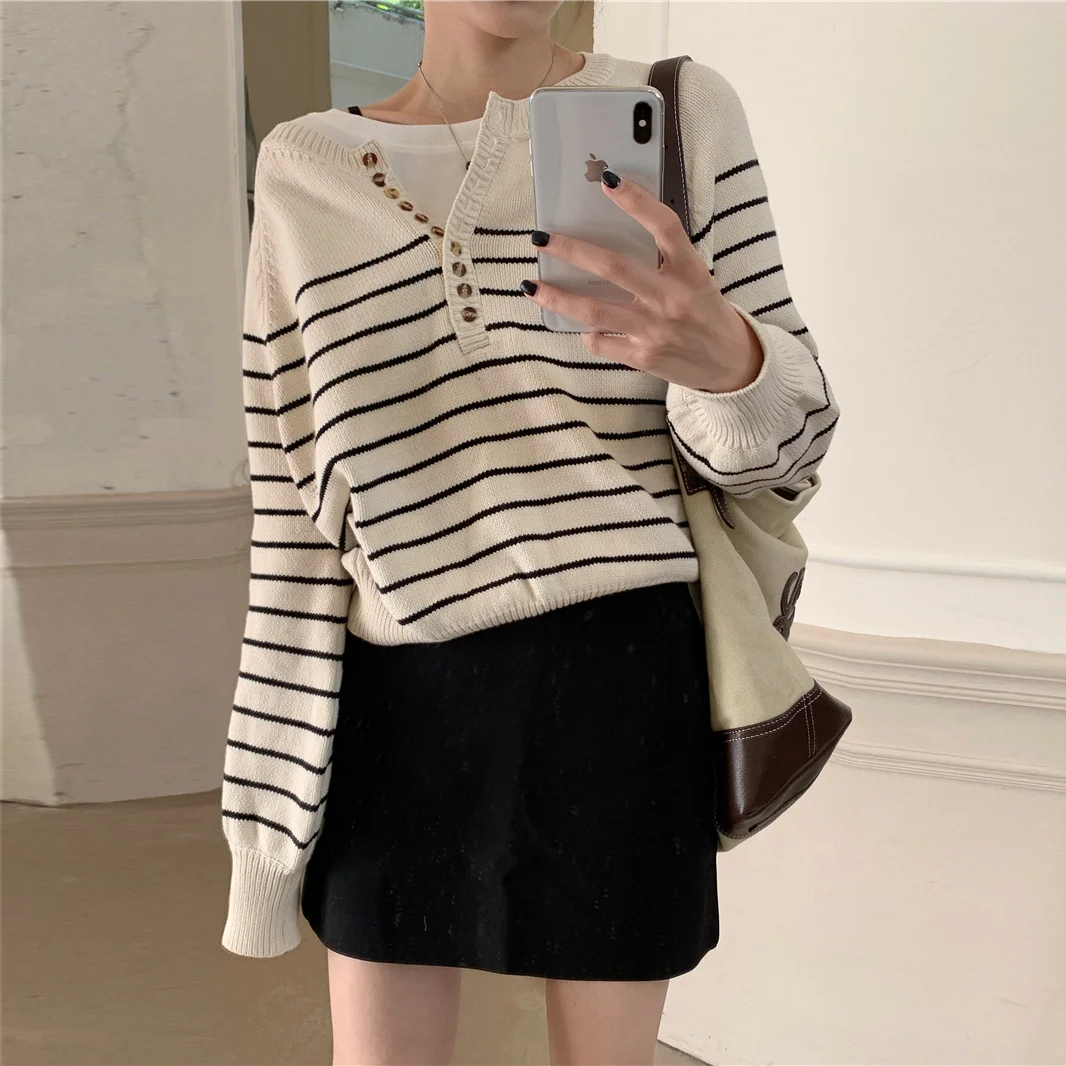 Женский свободный пуловер в полоску свитер французском стиле с длинным рукавом
