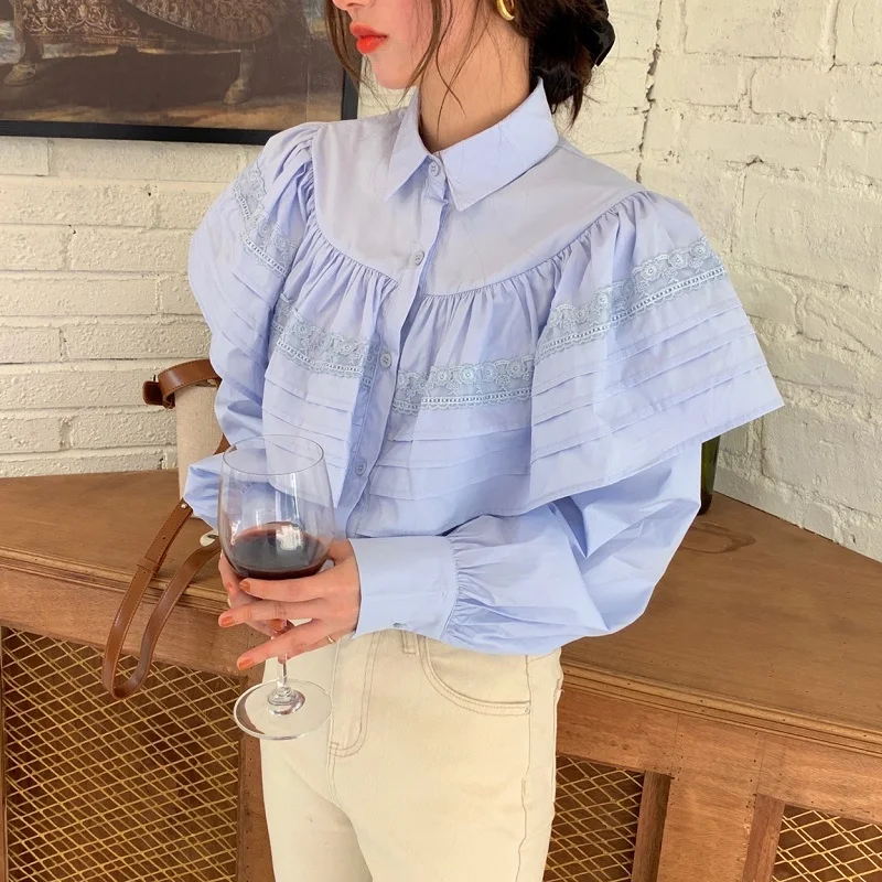 

2021 Solid Retro Women Chic Shirt Ruffles Lace Patchwork Vintage Hot Loose High Quality All Match Casual Top Blouses