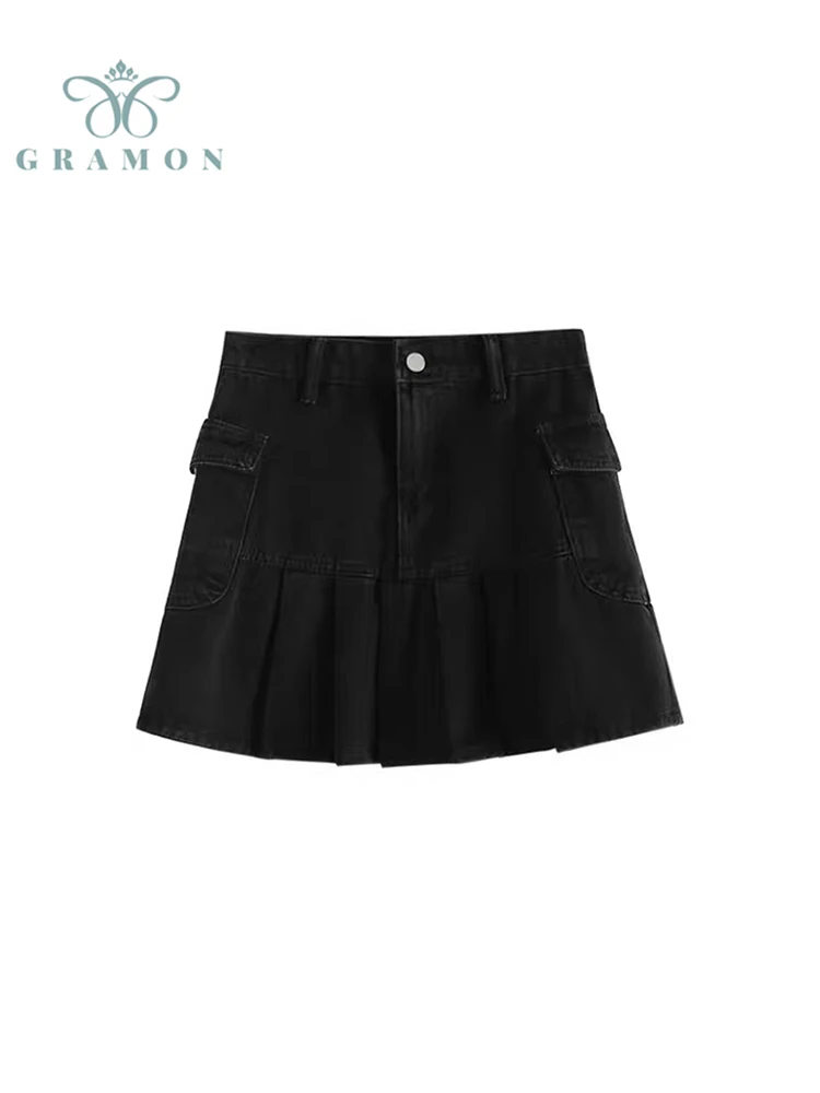 

Goth Y2K High Waist Jean Skirts E-girl Aesthetics Black All-Match Mini A-line Denim Pleated Skirts Woman Spring Summer Plus Size