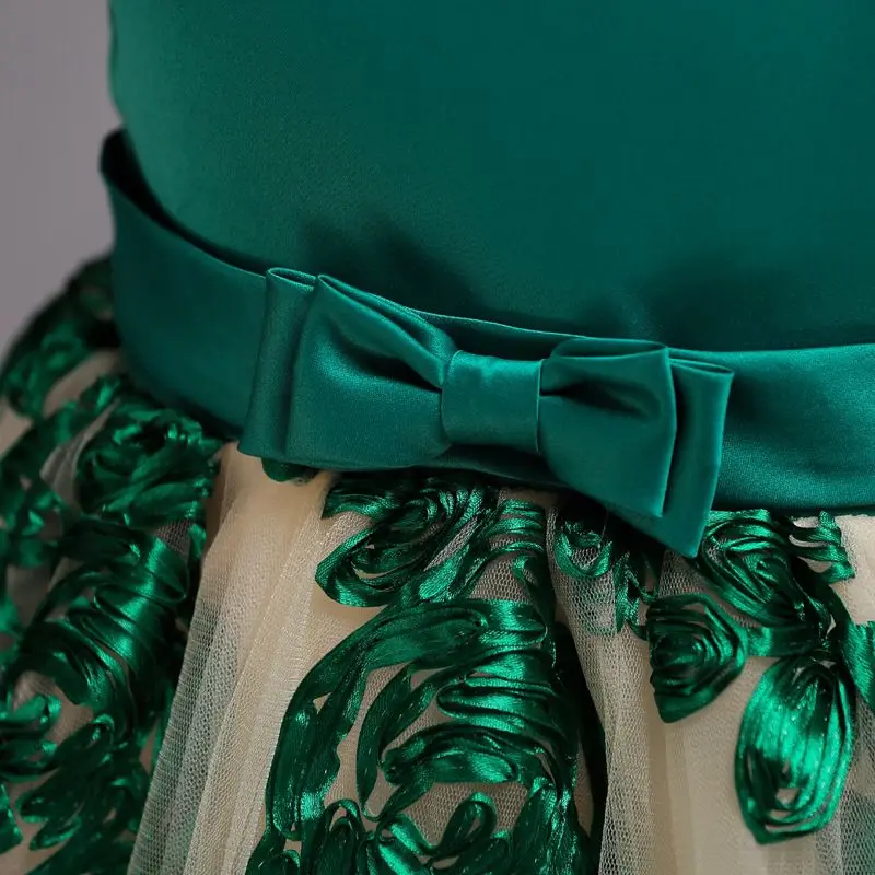 

Flower Girls Dresses Illusion Appliques SleevelessTulle Lace O-Neck Knee-Length Luxury Green Cute Kids Party Princess Gown F320