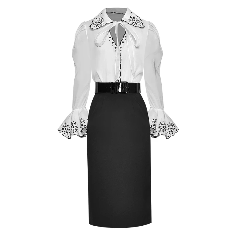 

famous brand high quality Runway set winter Hollow out Embroidery Flare Sleeve Shirt Tops+Package buttocks Skirt Two-piece set