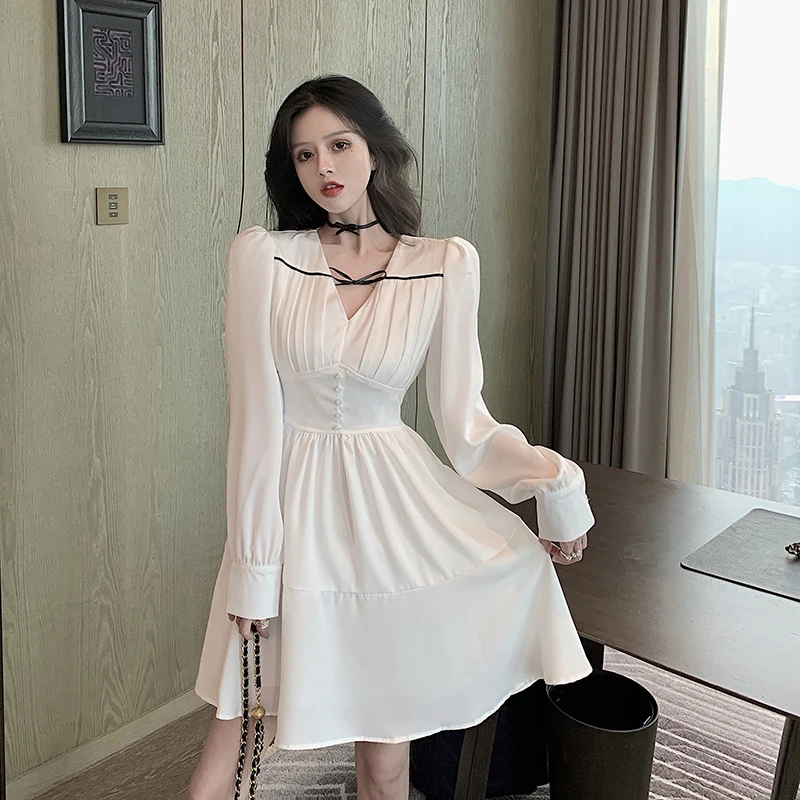 

Make French v-neck bowknot dress female design sense of cultivate one's morality show A word skirt thin waist
