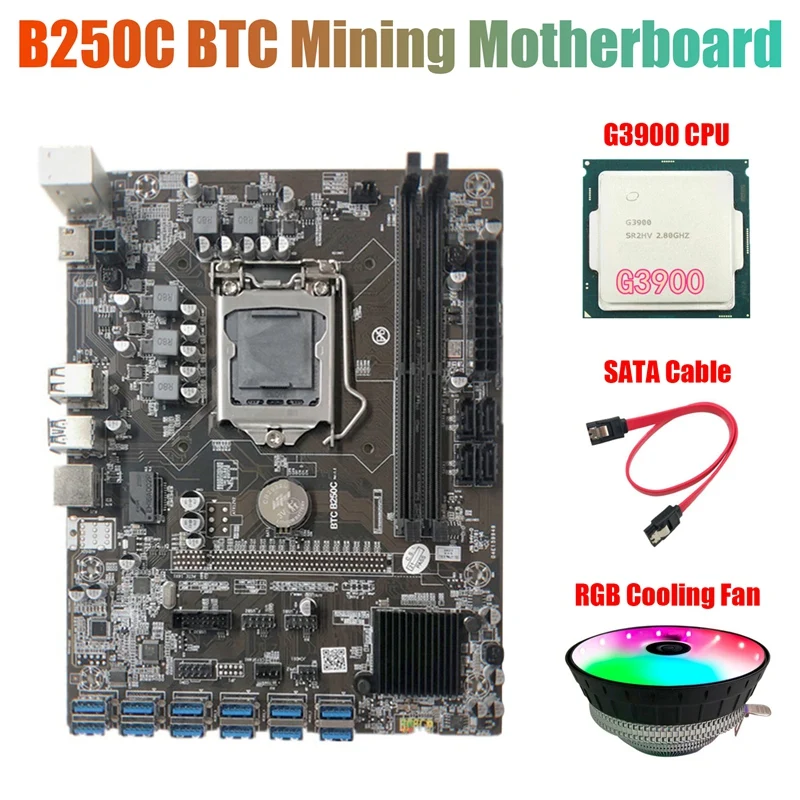 

Материнская плата для майнинга B250C с RGB охлаждающим вентилятором + ЦП G3900 + кабель SATA, 12 PCIE на USB3.0 слот GPU LGA1151, поддержка DDR4 RAM