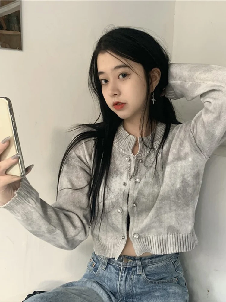 

Женский короткий вязаный кардиган с длинным рукавом, Осень-зима