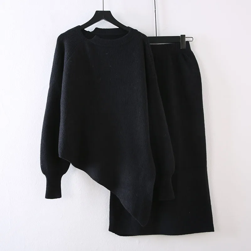 

SuperAen Irregular Solid Elegant Sweater Two-Piece Women Skirts 2020 Korean Autumn Winter Fashion Slim Outfits