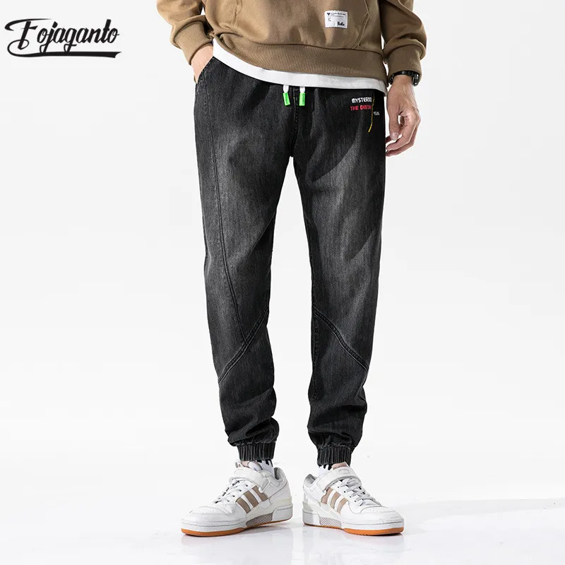 

FOJAGANTO Fashion Brand Men Trendy Jeans Men's Embroidery Drawstring Pencil Pants Autumn New High Street Casual Jeans Male