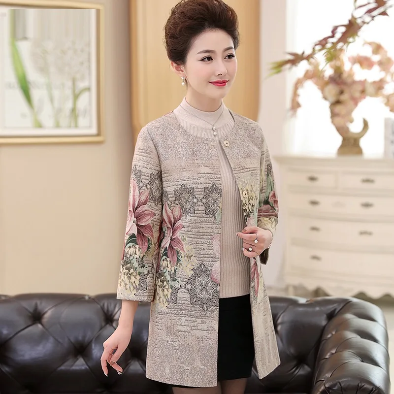 

2020 Autumn Winter New Middle Aged Women Flowers Print Coat Female Outerwear Windbreaker Plus Size 5xl Mid-long Jacket X26