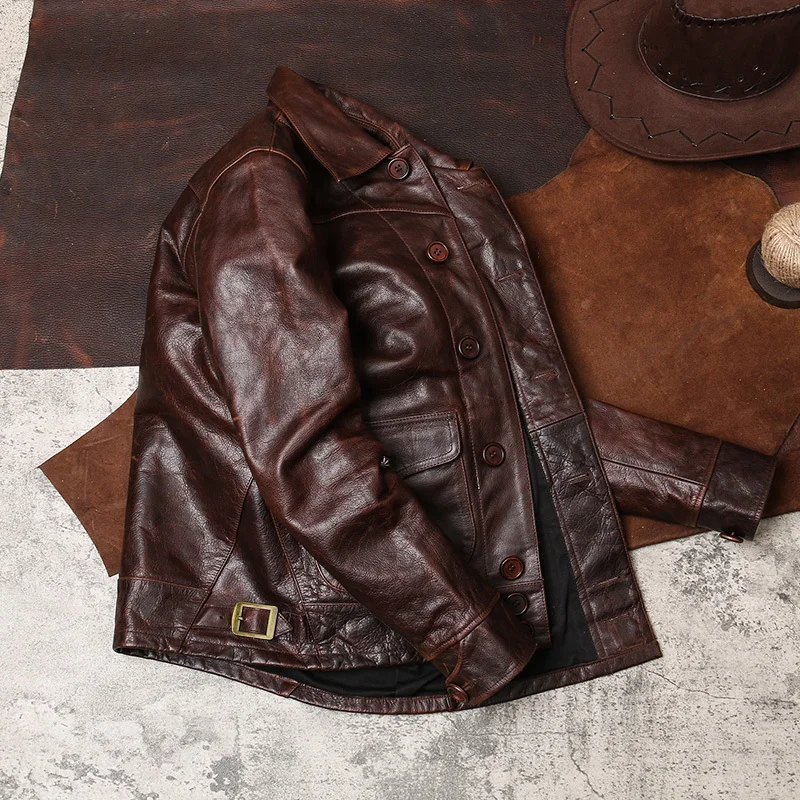 

Retro Dark 2020 Brown American Casual Style Leather Jacket Single Breasted Large Size XXXL Genuine Cowhide Slim Fit Leather Coat