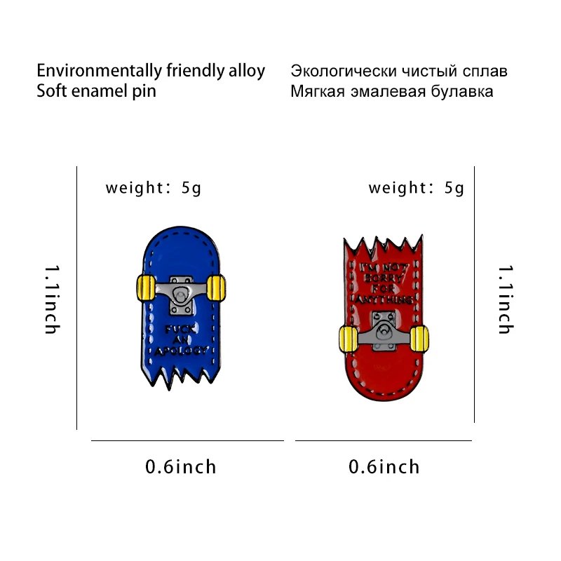 

Cracked skateboard pin Red and blue enamel pin life attitude badge brooches Lapel pins Shirt bag gift jewelry Hip-hop punk style