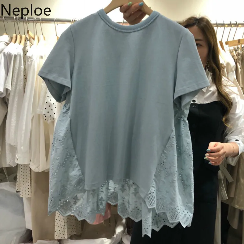Neploe Ажурные кружевные лоскутные футболки Woomen новые с круглым вырезом и короткими