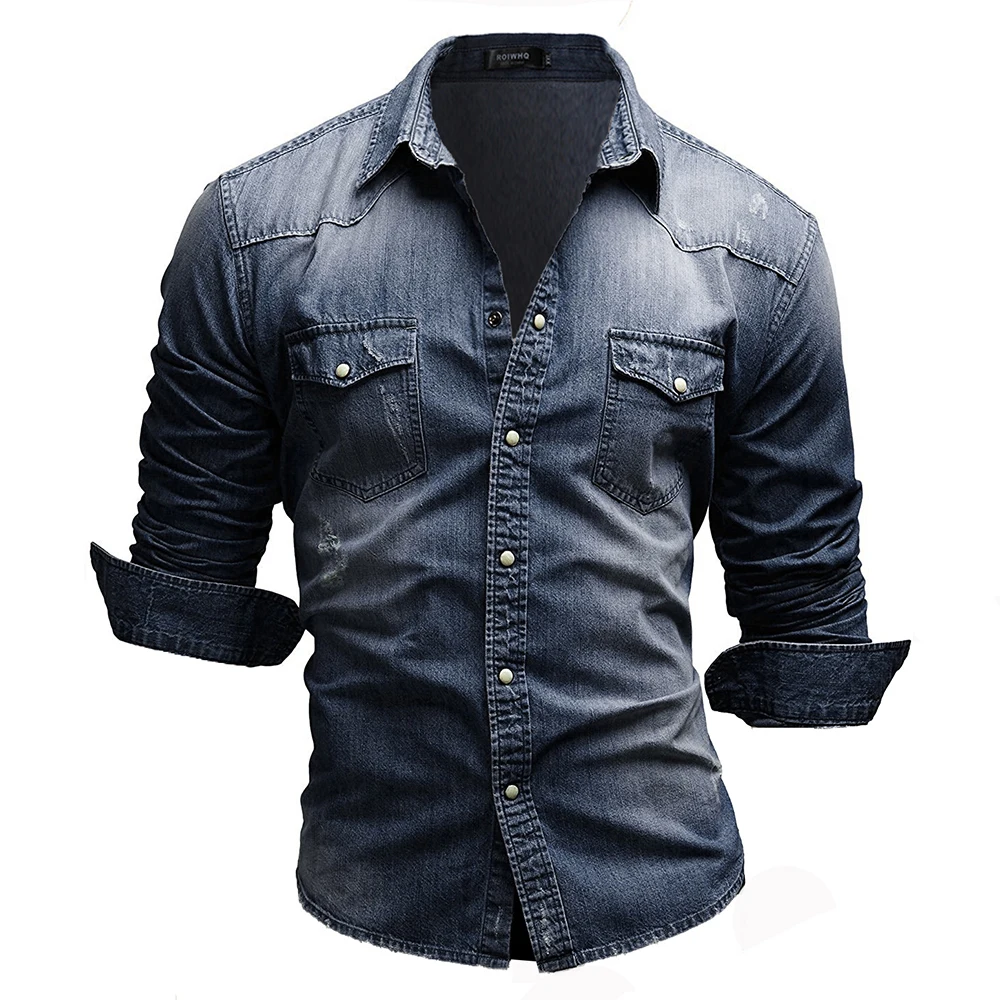 2021 Autumn Men Denim Shirt Mens Long Sleeve Soft Cotton Slim Shirts Male Cowboy Jacket
