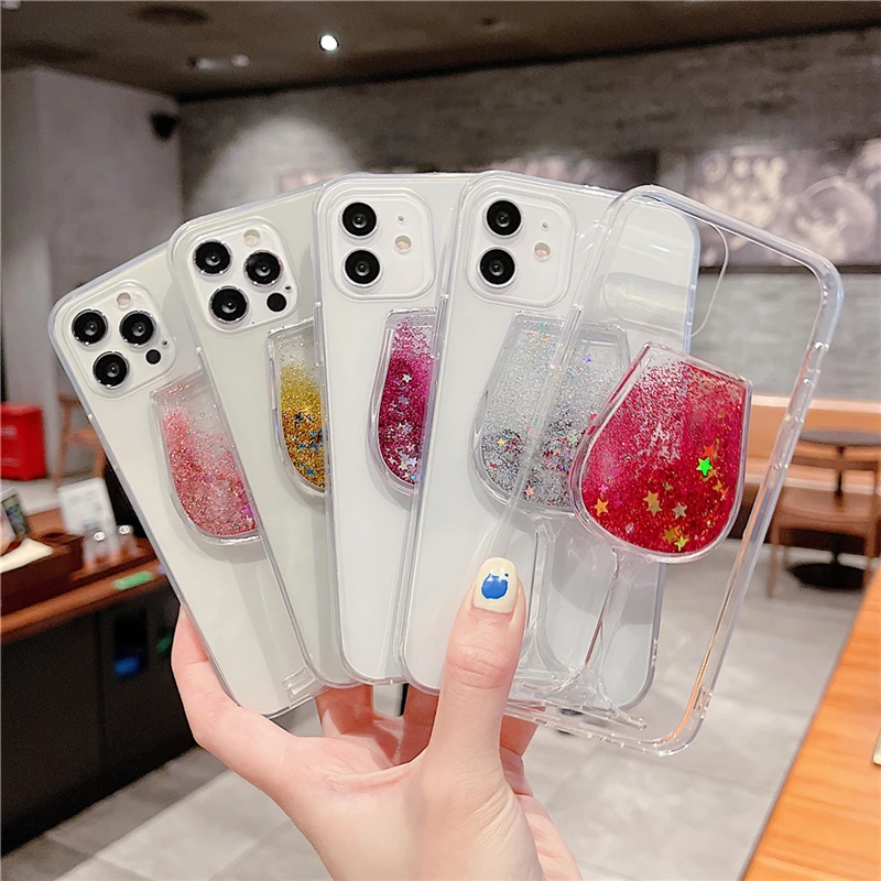 

Quicksand Glitter Sequins Phone Case For iPhone 12 11 Pro Max 7 8 Plus XS Max XR X 12 Mini SE2020 Acrylic Wine Glass Clear Cover