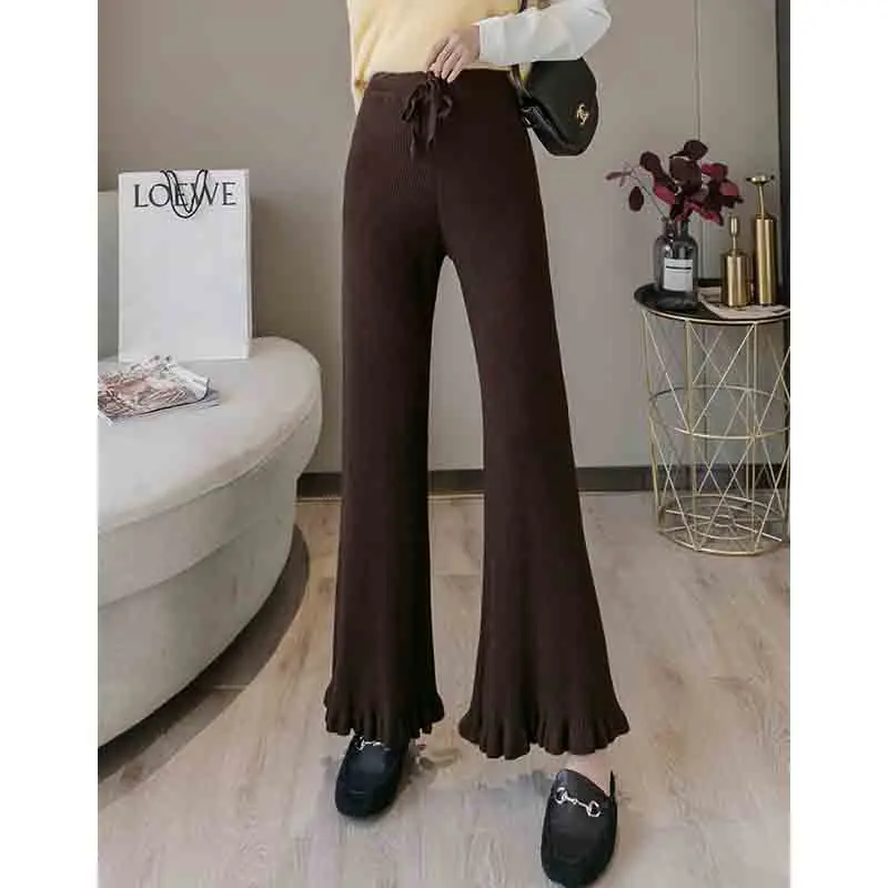 

2020 осенне-зимние модные горячие продажи однотонные вязаные шерстяные утепленные тонкие широкие оборки длинные брюки для женщин #889 с высоко...