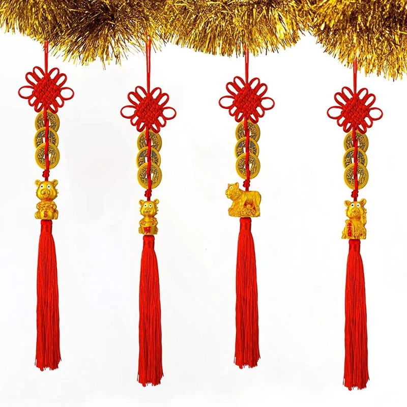 8 PCS Chinese Knot Tassel Hanging Pendant 2022 New Year Tiger Feng Shui Coins Lucky Charm Decoration For Home Office | Дом и сад
