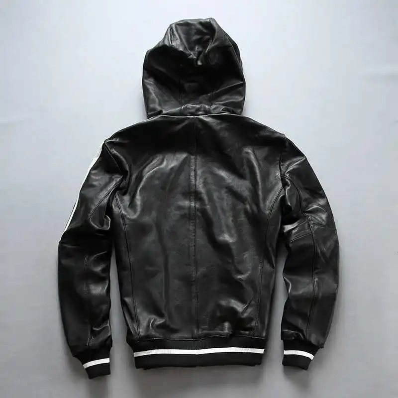

2021 Men's Sheepskin Jackets Genuine Leather Striped Hooded Jackets Real Leather Slim fit Coat for Male