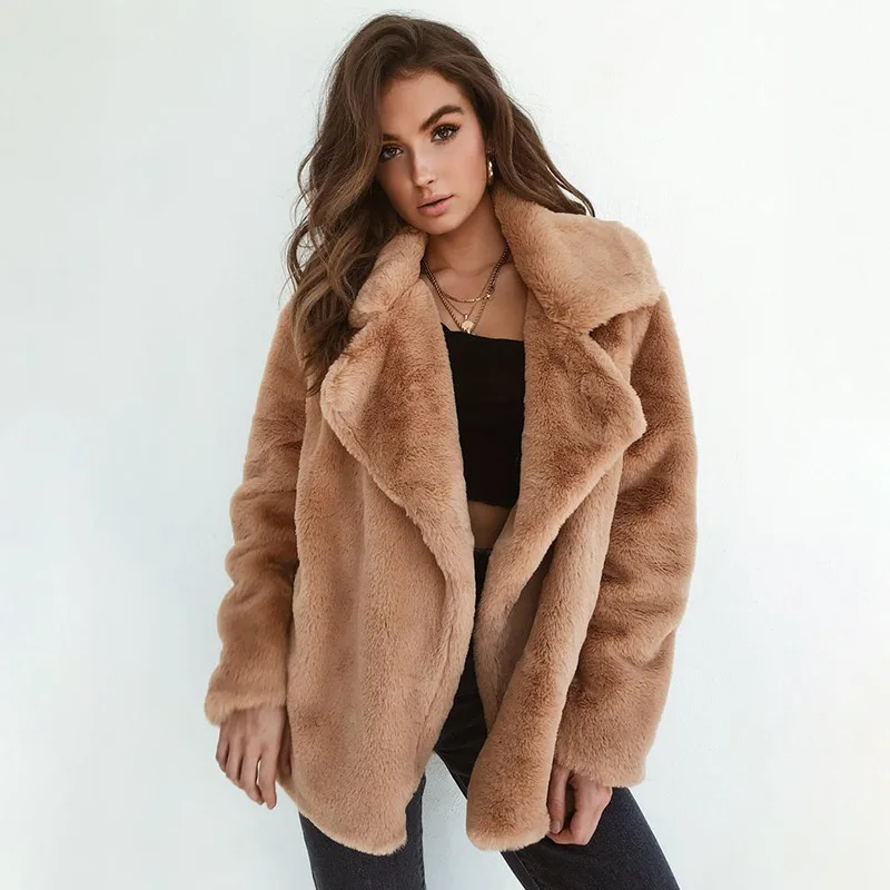 

Khaki Warm Oversized Velvet Faux Fur Coats Women 2020 Fashion High Street Plus Size Overcoat Long Sleeve Turndown Collar Coat