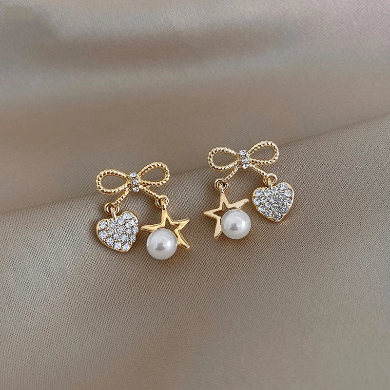 

2021 Korean Fashion New Bowknot Star Pearl Dangling Earrings for Women Jewelry Party Girls Unusual Luxury Gold Earrings Gifts