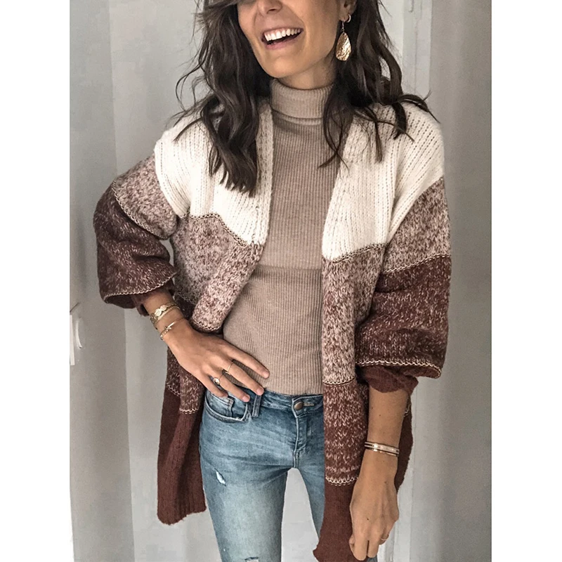 Patchwork Knitted Cardigan Loose Pocket Hollow Long Sleeve Sweater Female Cardigans Women's Coats Sweaters Outerwear |