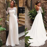 lace appliques long sleeves wedding dress chiffon a line scoop neck open corset back chiffon bride dress 2021 with belt lace up