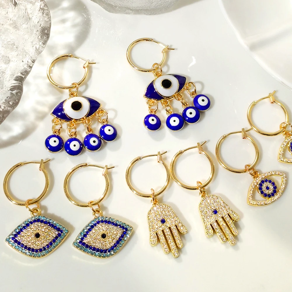 

JUST FEEL Blue Evil Eye Crystal Drop Earrings For Women Fashion Gold Color Metal Circle Eye Pendant Earrings Statement Jewelry