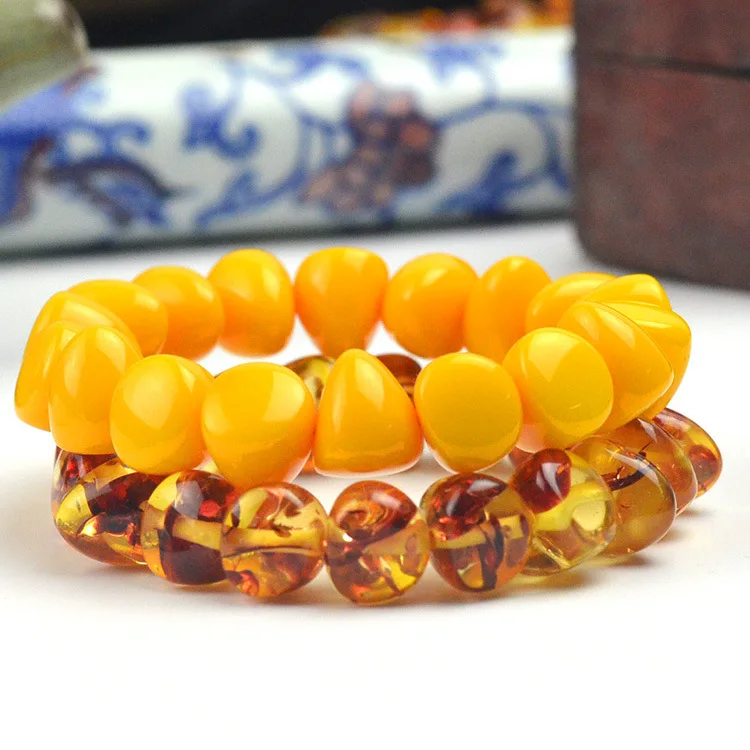 Natural Baltic Amber Elastic Bracelet Women Fine Jewelry Flower Amber Beads Beaded Bracelets Yellow Beeswax Handmade Bangles