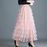 womens cakee layered maxi long tulle skirts streetwear tiered mesh ruffled tutu ankle long skirts pink gray ivory
