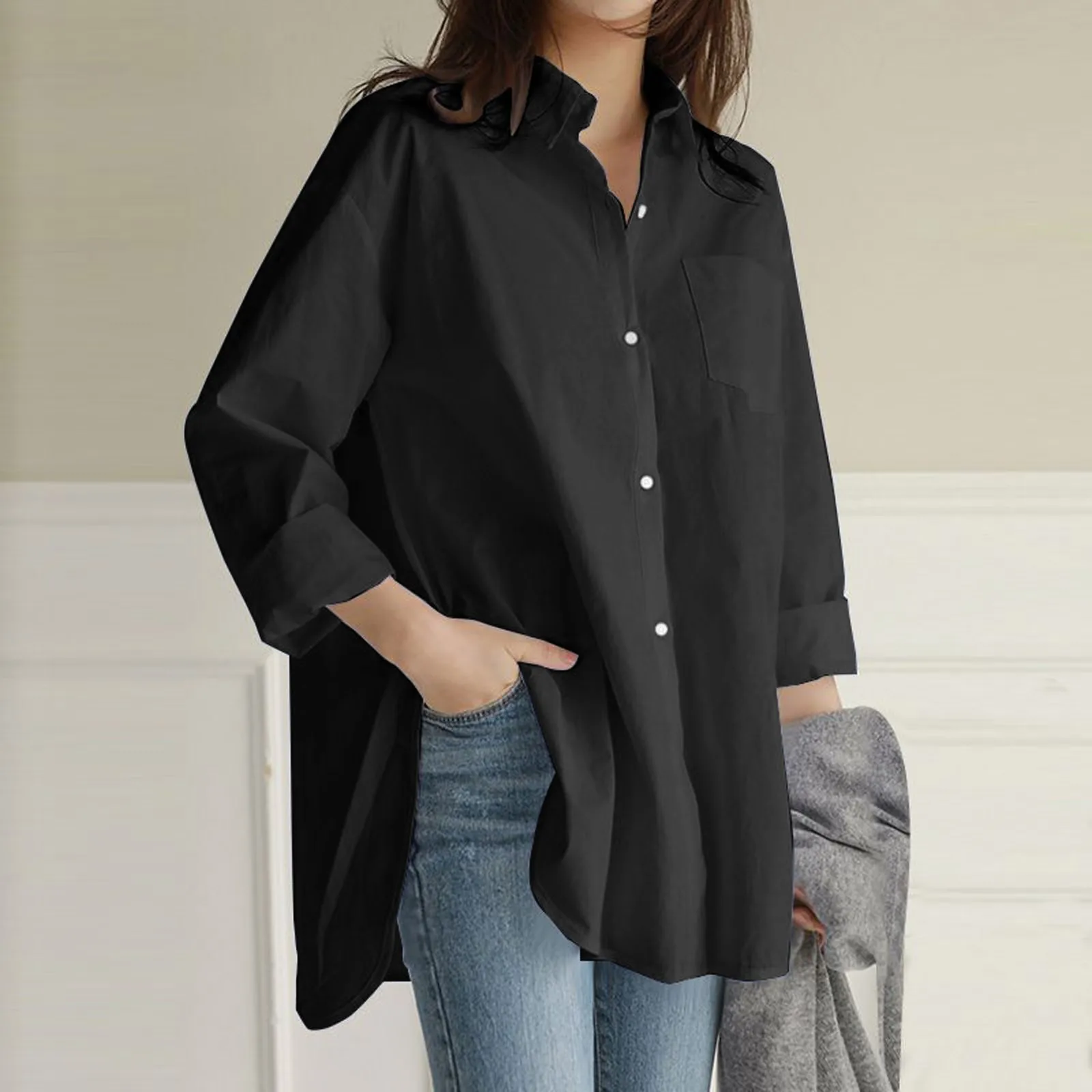 

Oversized Blouses White shirt Women oose cotton casual shirt plus size solid color pocket button Shirts Tops Korean