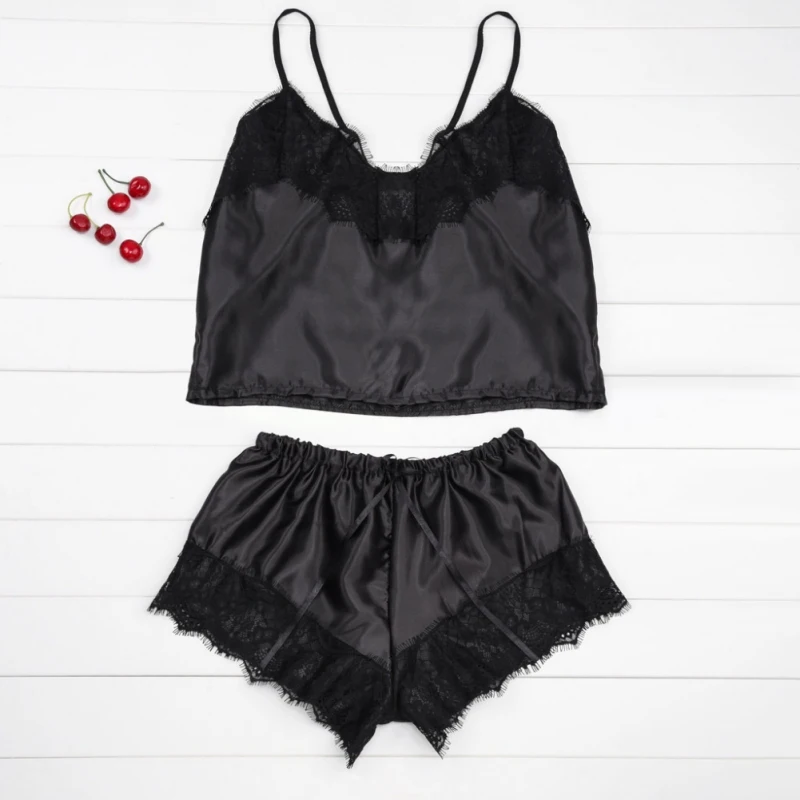 

2Pcs Women Sexy Lingerie Pajamas Set Babydoll Nightwear Solid Color Sleepwear Lace Trim Cami Shorts Set