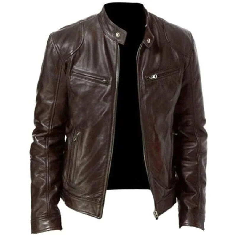 

PU Leather Men Jacket Motor Stand Collar Autumn Winter Coat Zipper Windproof Jacket Chaquetas Hombre Men Clothing