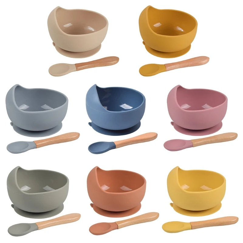 

2 Pcs BPA Free Silicone Waterproof Baby Suction Bowl Training Spoon Set Non-Slip Learning Feeding Dish Plate Utensils